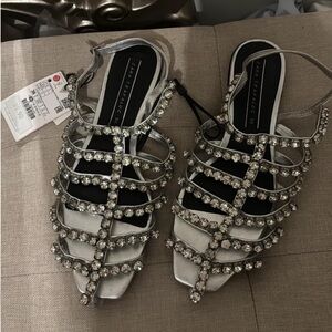 Zara Silver Crystal-Strap Gladiator Sandals